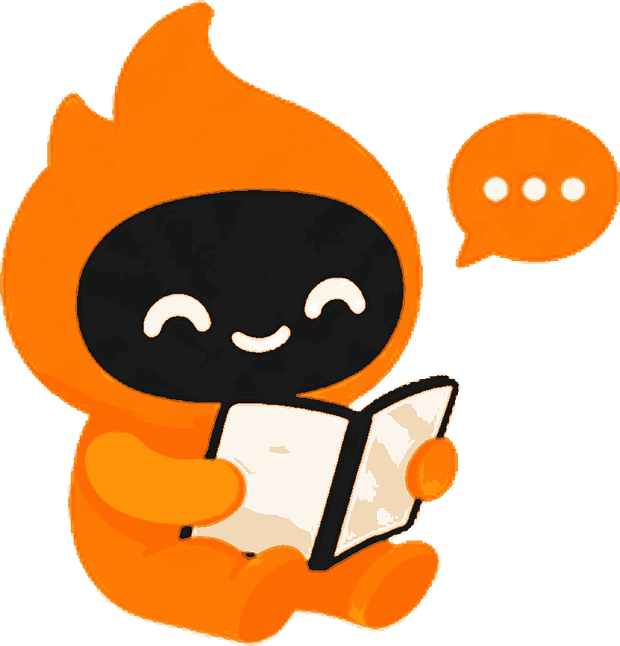 Favi sitting and reading a book, with a speech bubble