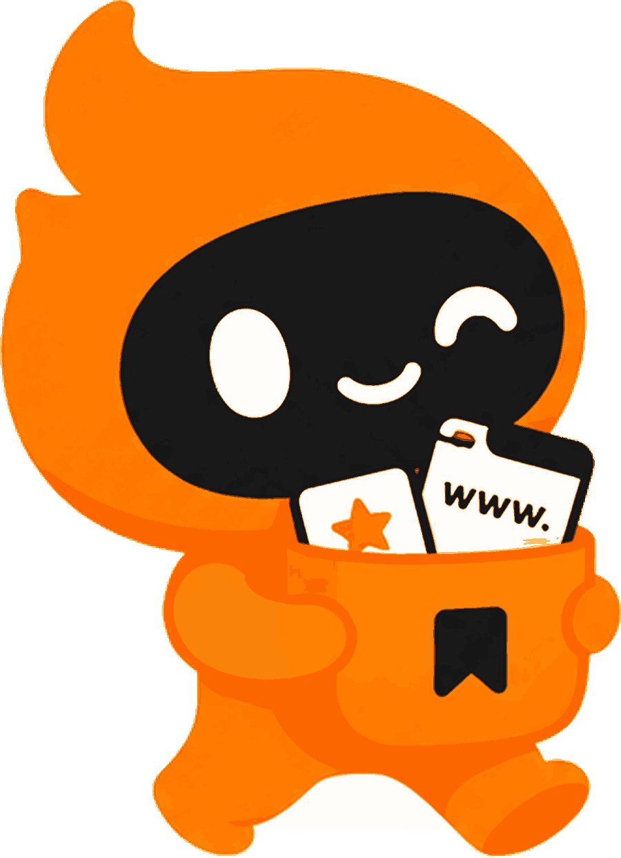 Favi, the Favourl character — a small orange spark carrying a pocket full of saved links